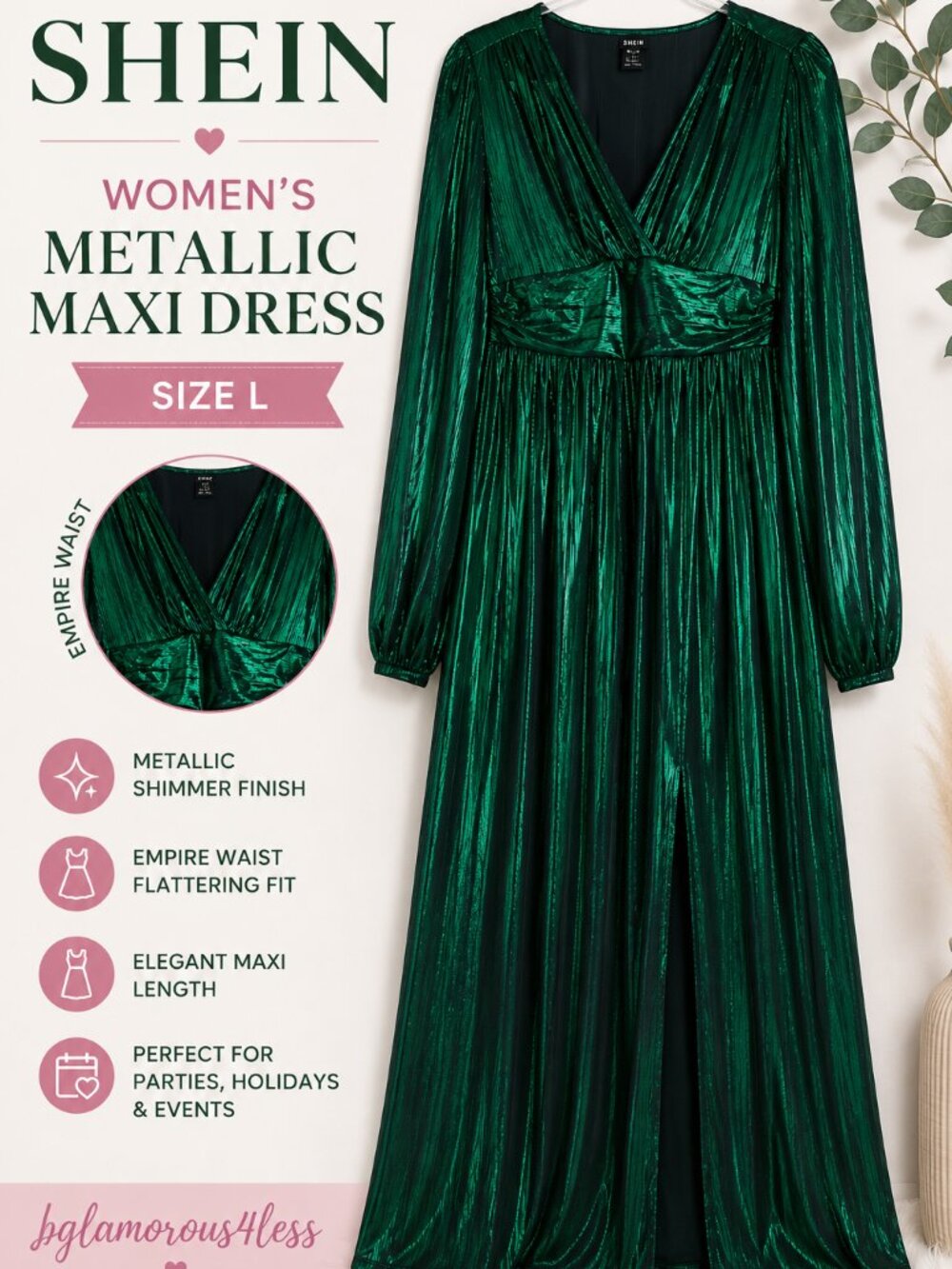 SHEIN Emerald Green Metallic Maxi Dress Long Sleeve Size L